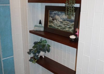 white with wooden shelving