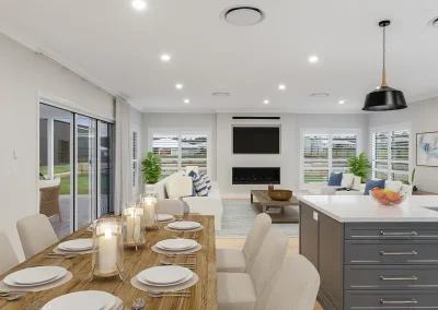 white and gray kitchen with dining table