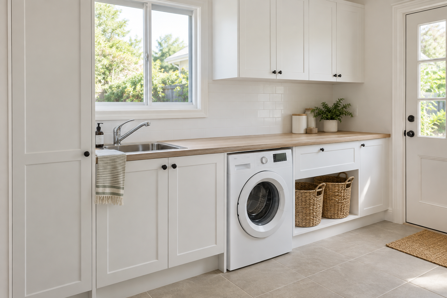 White shaker laundry cabinetry with a folding bench, sink, front-loading washer and basket storage